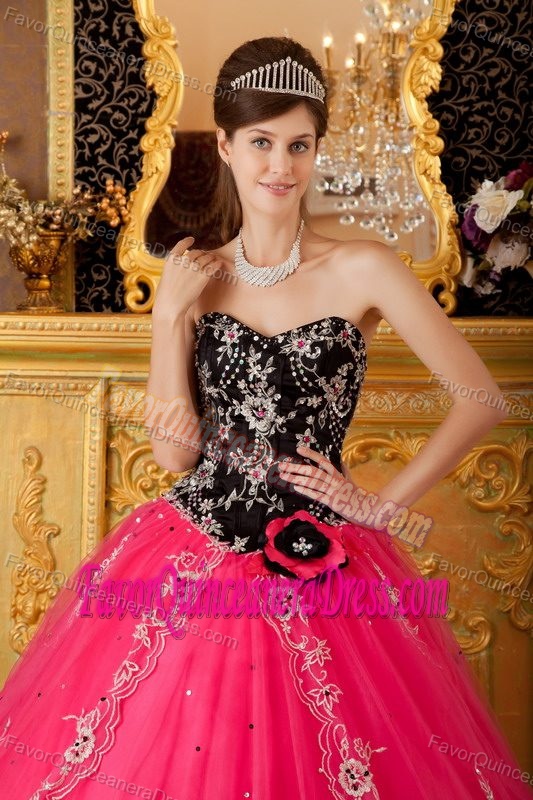 Black and Hot Pink A-line Tulle Beaded Dress for Quinceaneras for Cheap